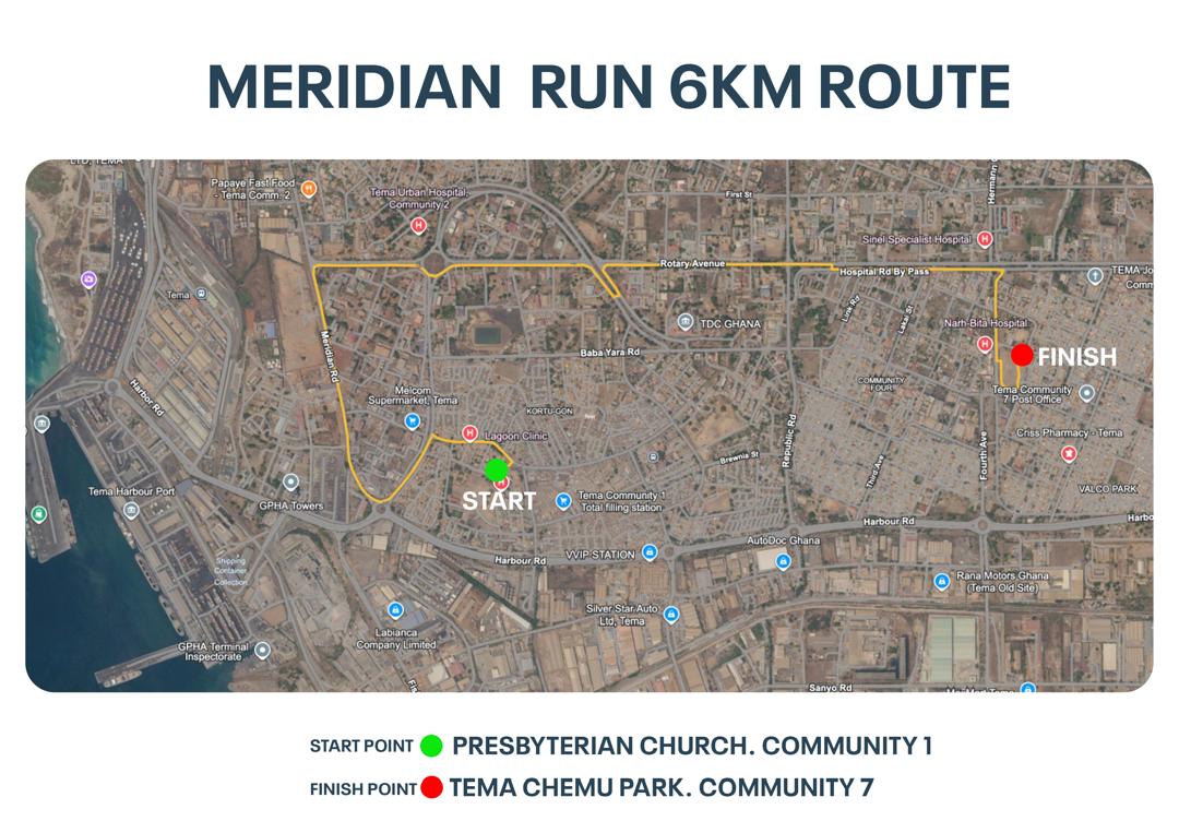 Official Meridian Run 6KM route from Presbyterian Church, Community 1 to Tema Chemu Park, Community 7