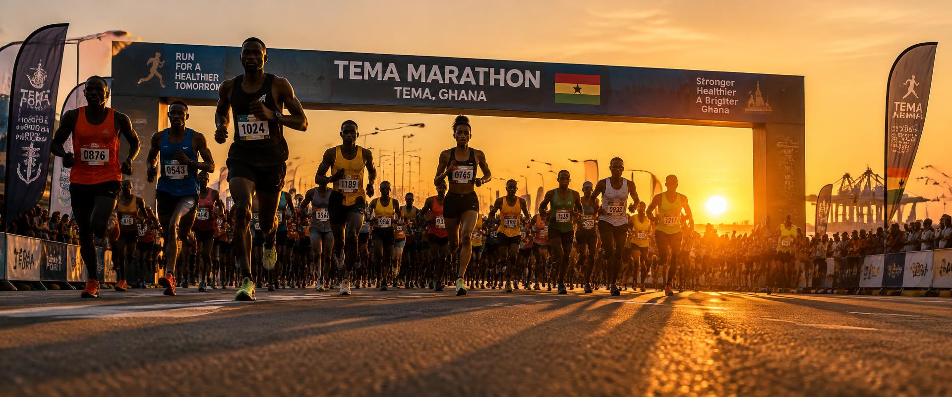 Marathon runners at the starting line in Tema at dawn